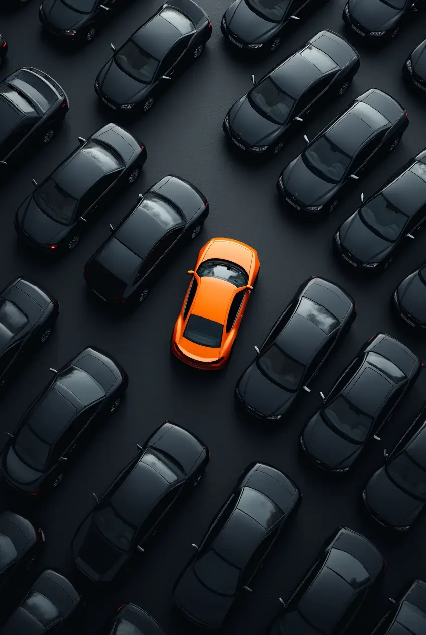 One orange car in a lot of dark cars